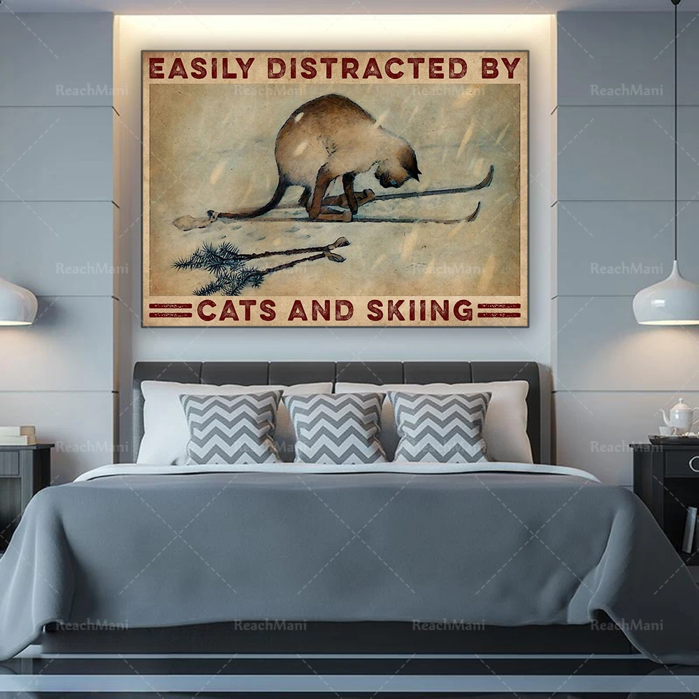 Carteles de esquí de esquiador y amantes de los gatos fácilmente distractados por carteles de gatos y carteles de esquí familiar.