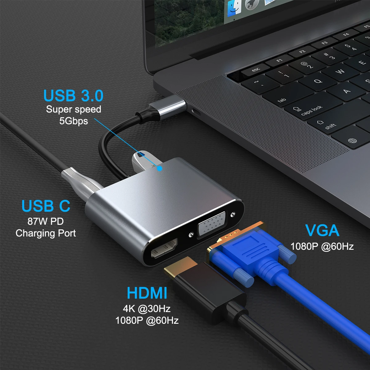 Usb 3.0 porta de carregamento pd 4k hdmi vga adaptador tipo c usb-c hub