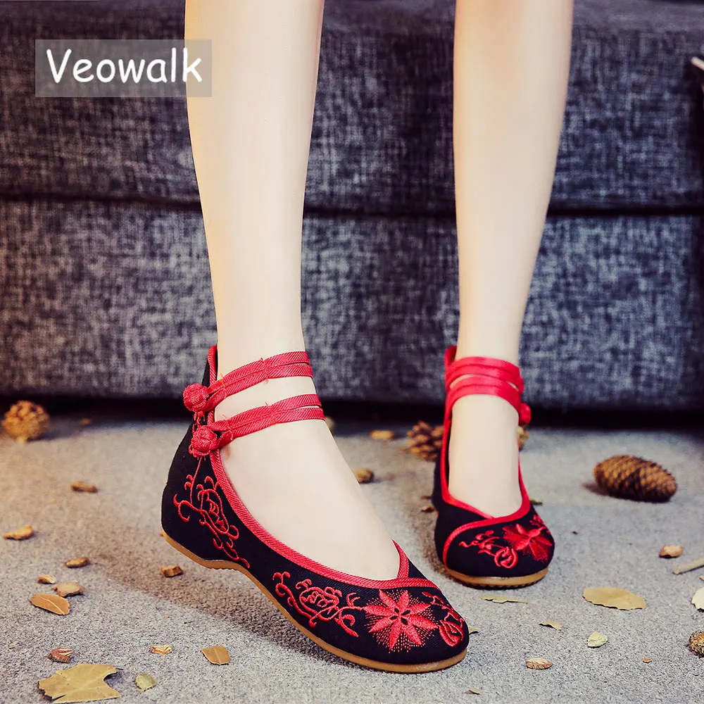 Veowalk Sunflower Embroidered Women Canvas Ballet Flats Ankle Strap Ladies Casual Cotton Chinese Embroidery Ballerina Shoes