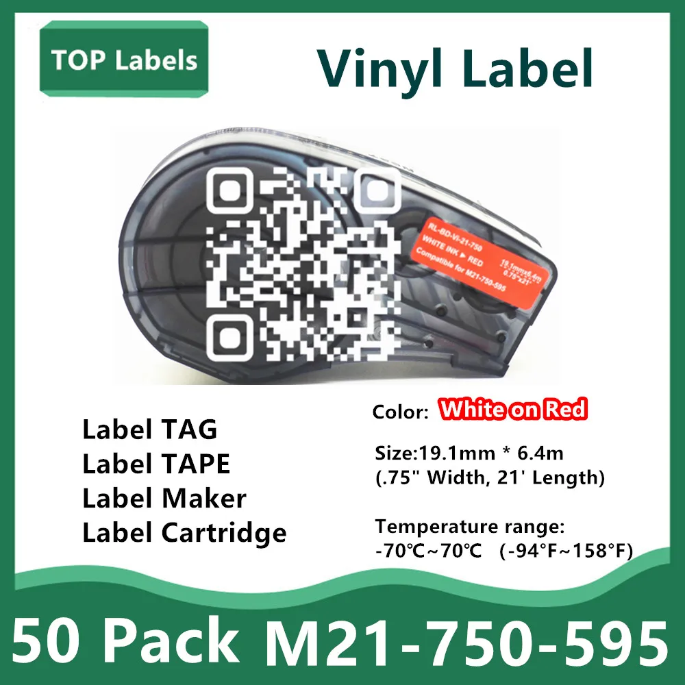 

50 Pack Label Tape M21-750-595 Ribbon Vinyl Labels Cartridge White on Red for BMP21-PLUS BMP21 LAB Printer Marker Tag