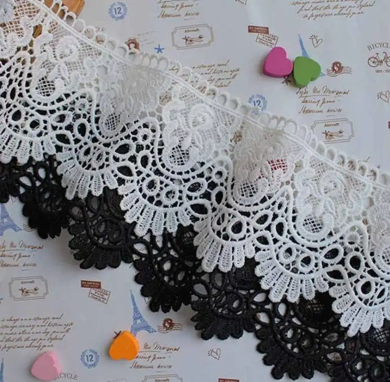 5 yards crocheted lace trim, hollowed out lace, water soluble lace, black/off white trimming for costume, dress, cloth