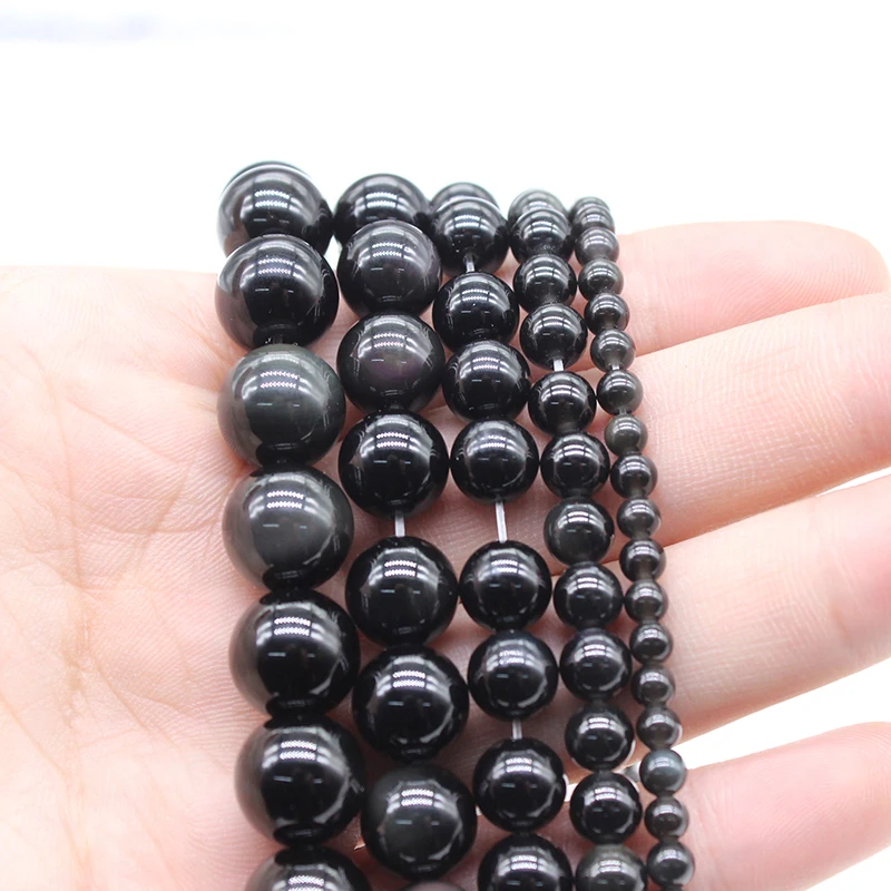 Natural Stone Black Obsidian Stone Round Loose Beads 15\