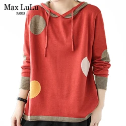 Max LuLu 2021 Winter Womens Loose Patchwork Sweaters European Style Ladies Casual Hooded Design Jumpers Vintage Street Pullover