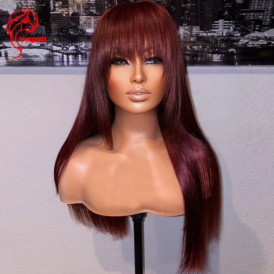 Hesperis Ombre 99j Human Hair Wigs With Bang Scalp Top Full Machine Made Brazilian Remy Colored Burgundy Wig For Black Women