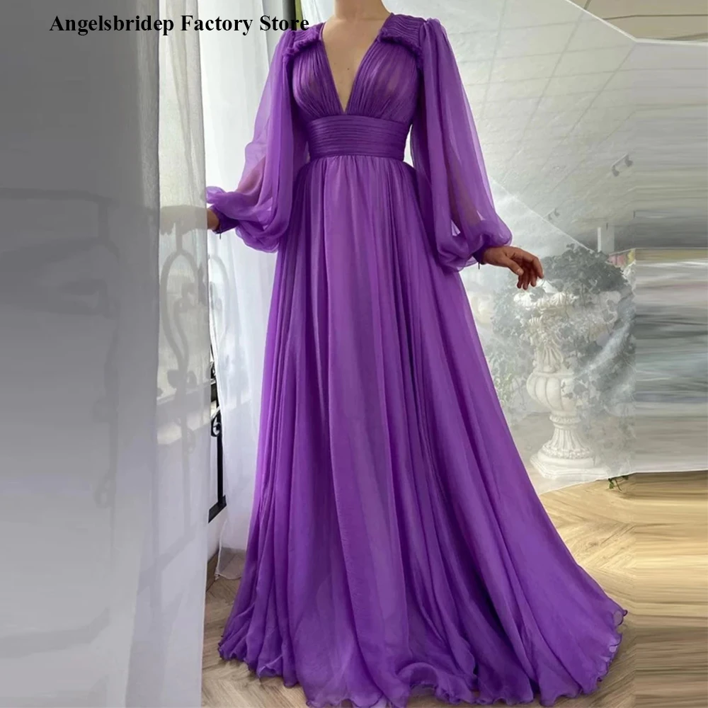 

Angelsbridep Elegant Purple Organza Prom Dresses Long Puff Sleeves A Line V Neck Draped Top Empire Simple 2021 Evening Gowns