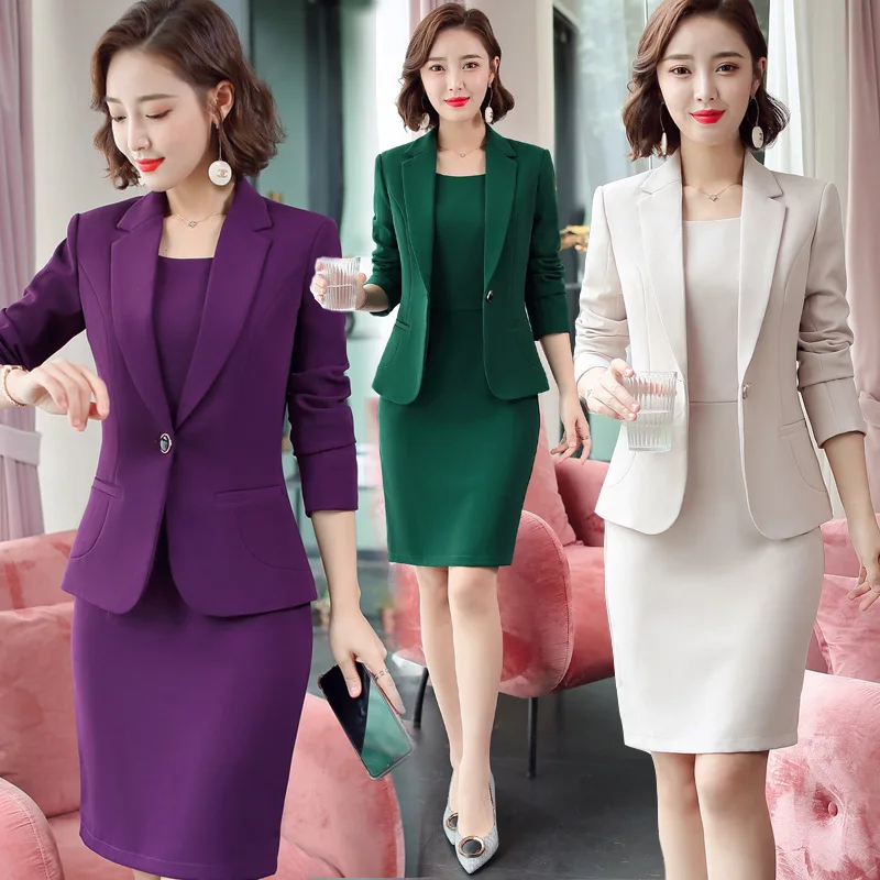 Elegante blazer vestido ternos mulheres trabalho de negócios uniforme escritório senhora profissional duas peças conjunto terno vestido moda