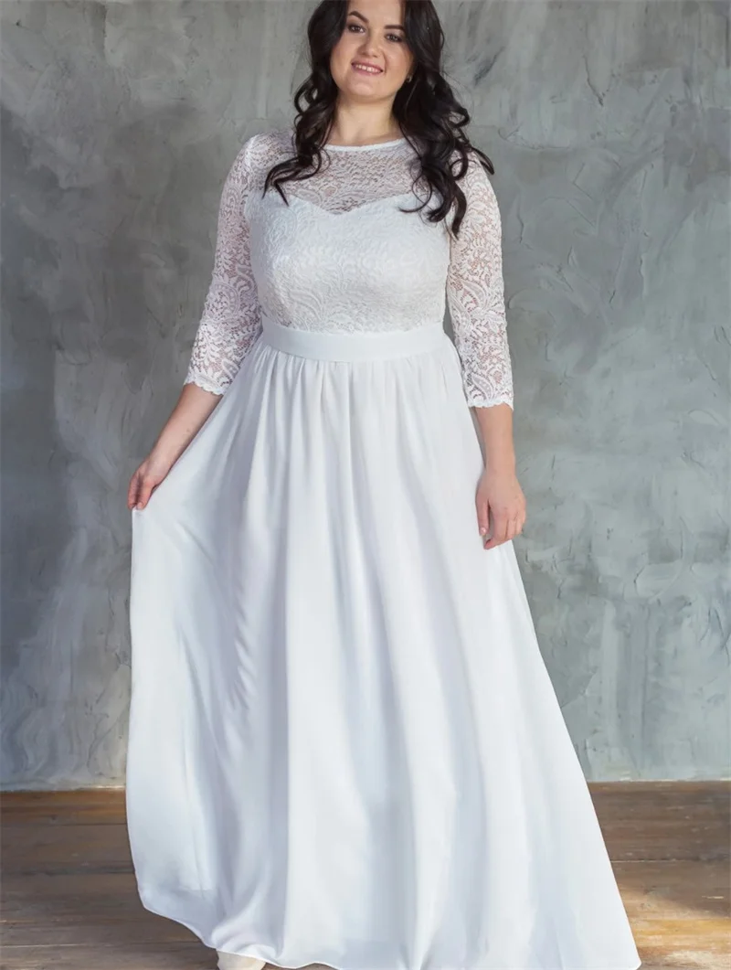 Linha a meia manga até o chão o pescoço laço foral no topo chiffon igreja vestido de casamento vestido de noiva vestidos de novia robe mariée