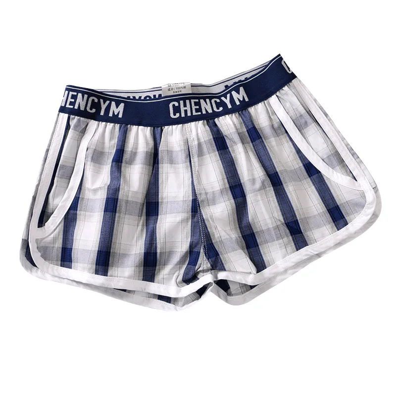 Men\'s comfortable cotton loose underwear personality home plaid comfortable waist boyshort