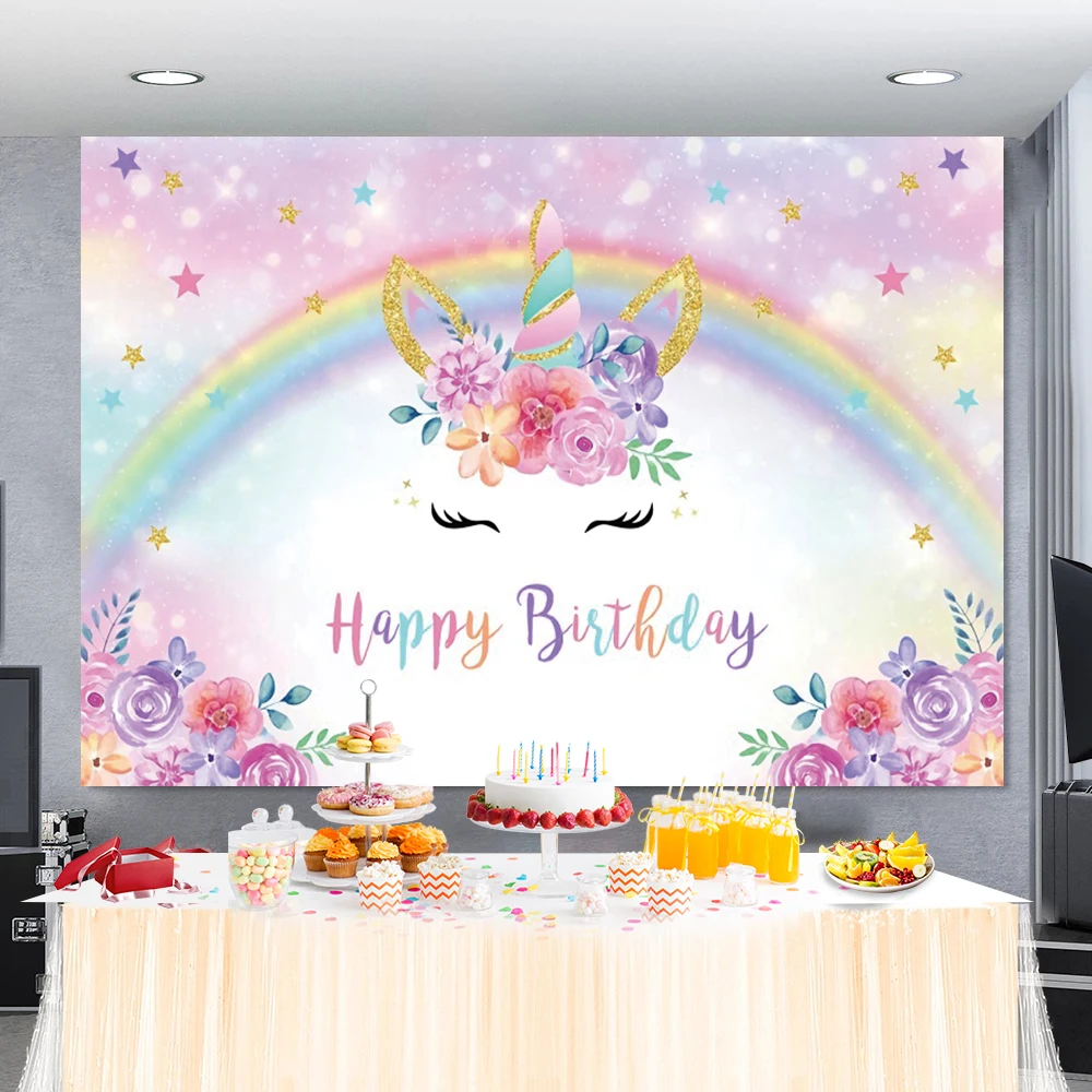 Unicorn Rainbow Background For Birthday Party Banner Poster Glitter Polka Dots Star Baby Shower Customized Photography Backdrop