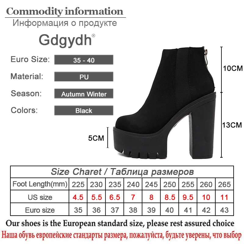 Gdgydh – Bottines noires pour femme à talons épais, chaussures à plateforme et à talons hauts avec fermeture éclair, tendance printemps-automne