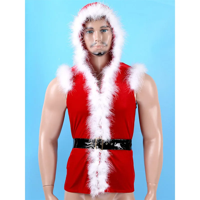 Mannen Rode Zachte Fluwelen Hooded Vest Mouwloze Faux Fur Trim Kerst Kostuum Holiday Party Kerstman Cosplay Dress Up