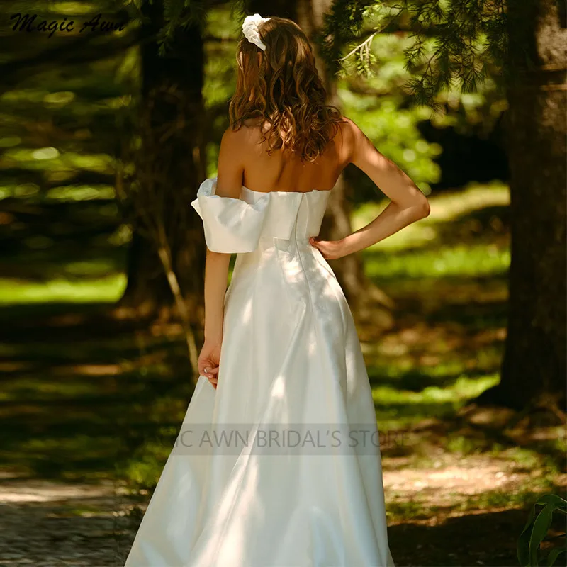 Magic Awn-vestidos de novia de satén para mujer, ropa de boda de corte en A, estilo bohemio, sencillo, con lazo, personalizado, 2022