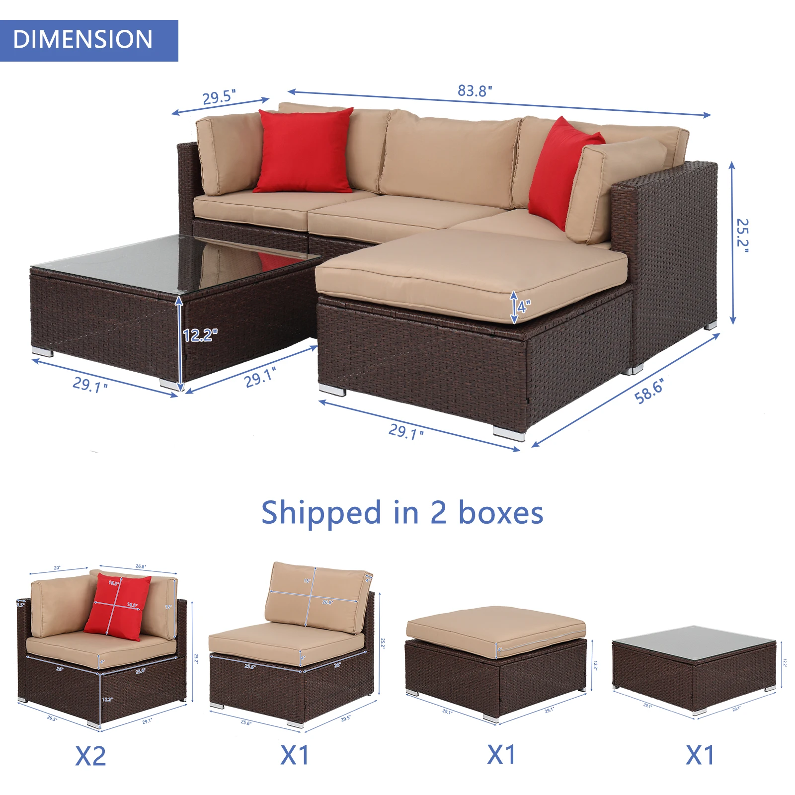 5Pcs Outdoor Patio Rattan Furniture Set 2 Corners 1 Armless Sofa 1 Foot Drag 1 Square Coffee Table Brown[US-Depot]