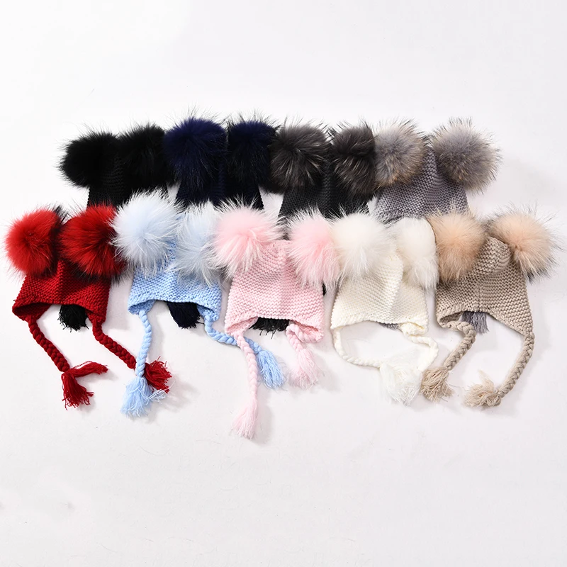 Kids Real Fur Pom Pom Hat Baby Winter Crochet Earflap Hat Girls Boys Knitted Beanie Double Two Real Fur Pompom Hat for Children