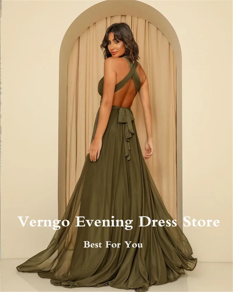 Verngo 2021 Olive Green Chiffon Long Prom Dresses Jewel Neck Side Slit Criss Cross Simple Evening Gowns Women Formal Party Dress