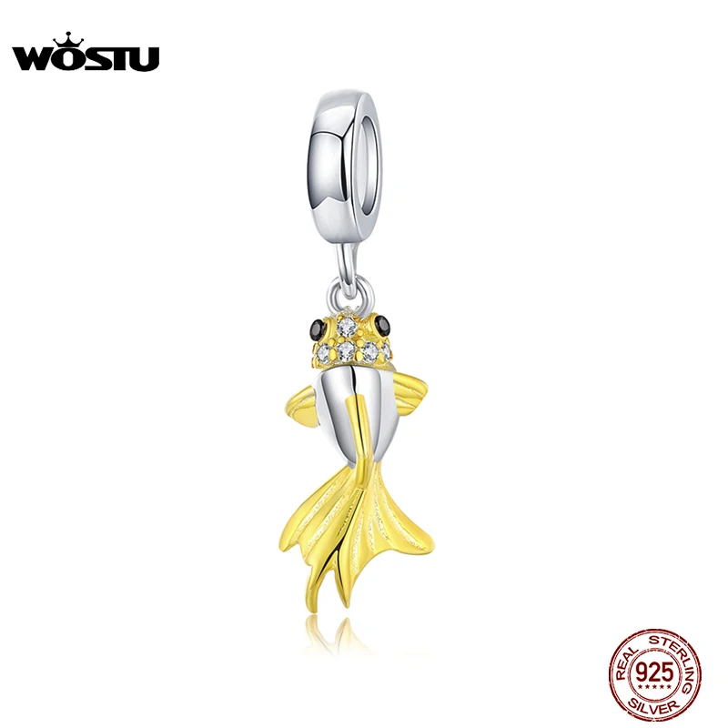 WOSTU Authentic 925 Sterling Silver Golden Koi Charms Fit Original Bracelet Pendant Zircon Beads Trendy 925 Jewelry Gift CTC127