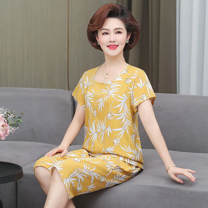 Fdfklak Short Sleeve Cropped Pants Two Piece Set New Print Middle Aged Mother Sleepwear Summer Pajamas Women Loose Home Suit