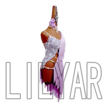 新拉丁舞比賽表演成人訂製紫色流蘇方形性感舞裙 10 最佳銷售 拉丁舞比賽服裝 - №10