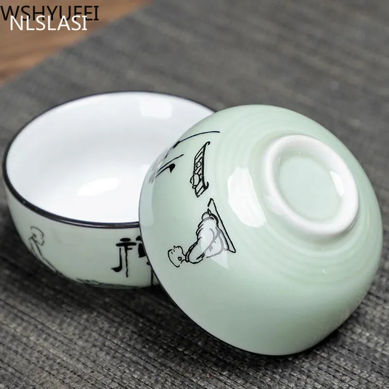 NLSLASI 3pcs/set ceramics tea Cup Longquan Celadon Handmade Tea set Hand painted teacup Personal Cup Master Cup 60ml
