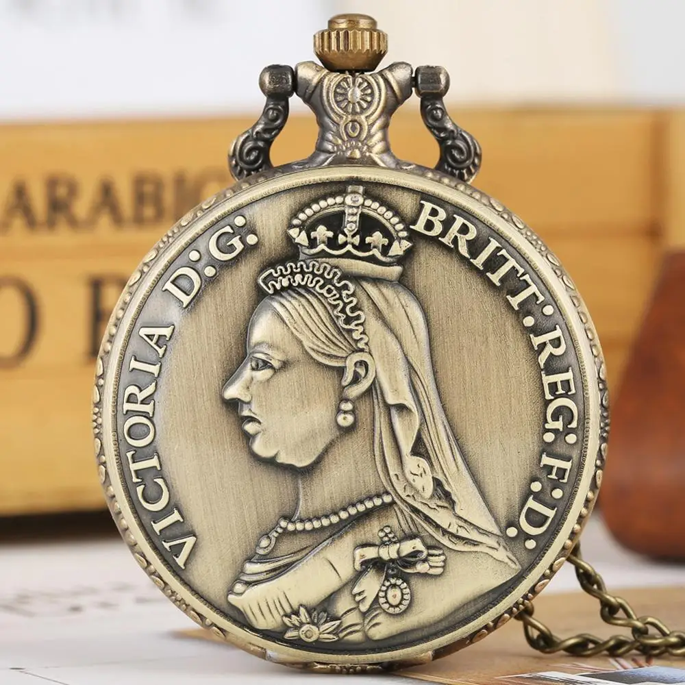 Retro Bronze Victoria Britt:Reg:F:D: Coin Quartz Pocket Watch Vintage Necklace Pendant Chain Antique The Crafts Art Collectibles