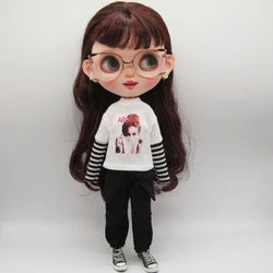 New Design White Striped T and Black Overalls Pants Suitable for Blythe Azone OB24 Licca 1/6 Dolls Accessories