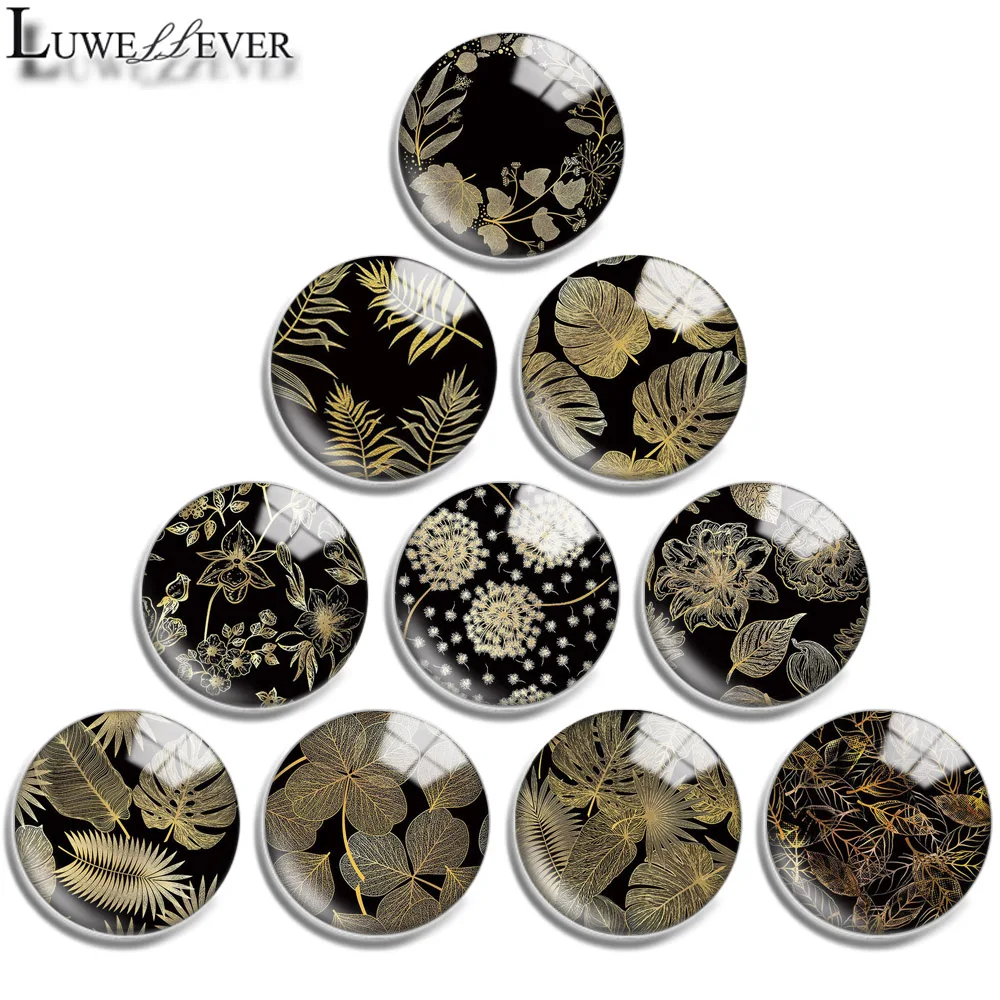 12mm 16mm 20mm 25mm 30mm 40mm 725 Golden Leaves Mix Round Glass Cabochon Jewelry Finding 18mm Snap Button Charm Bracelet