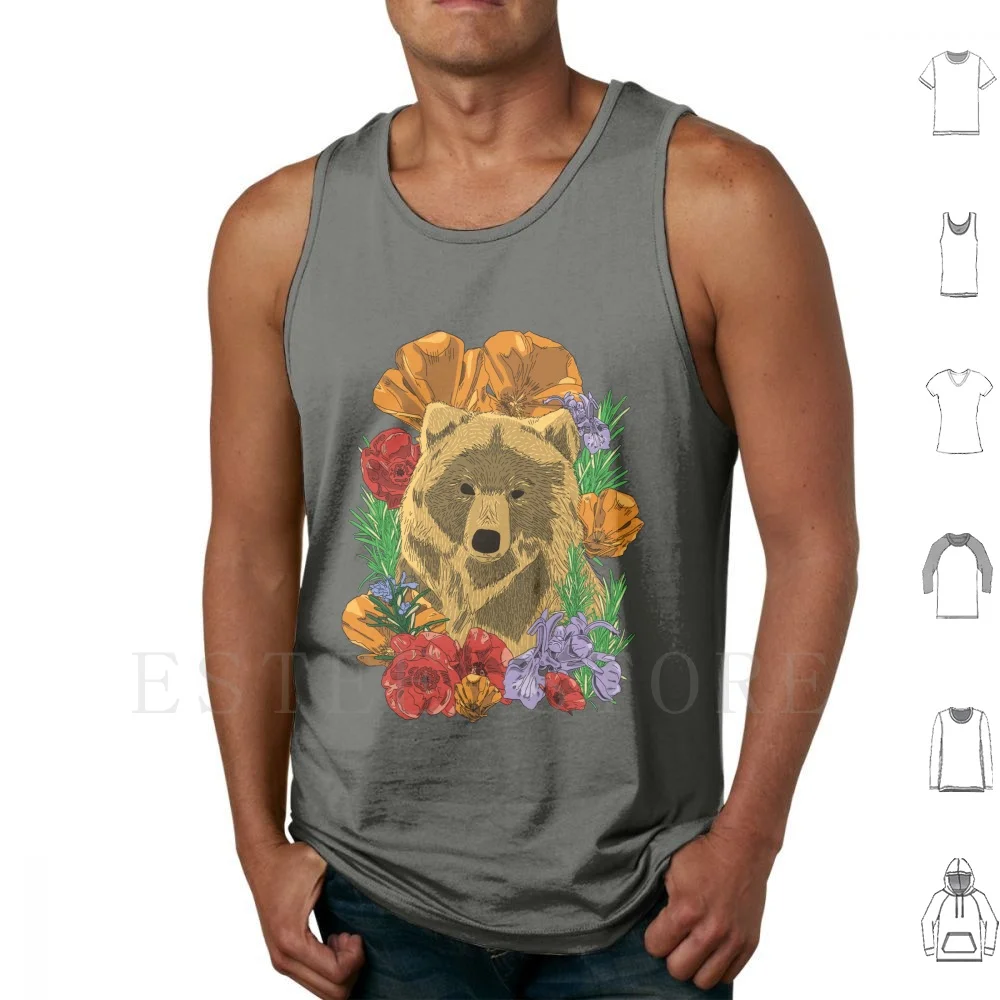 Bear Poppies Rosemary Tank Tops Vest Cotton Bear Poppy Ursine Orange Red Animal Green Brown Grizzly Queer Flora Fauna
