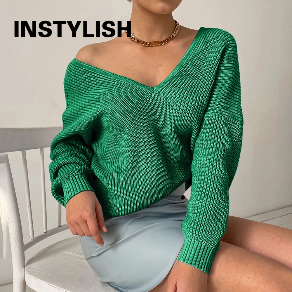 Women Oversized Sweater Elegant Double V Neck Batwing Sleeve Loose Pullover Thick Knitted Pullover Casual Solid Jumper Tops