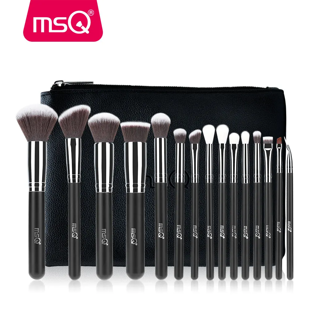 Msq Professionele 15Pcs Make-Up Kwasten Set Poeder Foundation Oogschaduw Make Up Brush Kit Cosmetica Synthetisch Haar Pu Leather Case