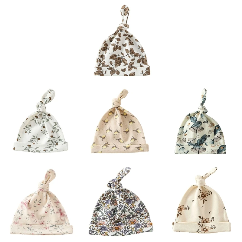 2024 New Baby Soft Cotton Hat Newborn Cute Tail Knotted Beanie Flower Printed Bonnet