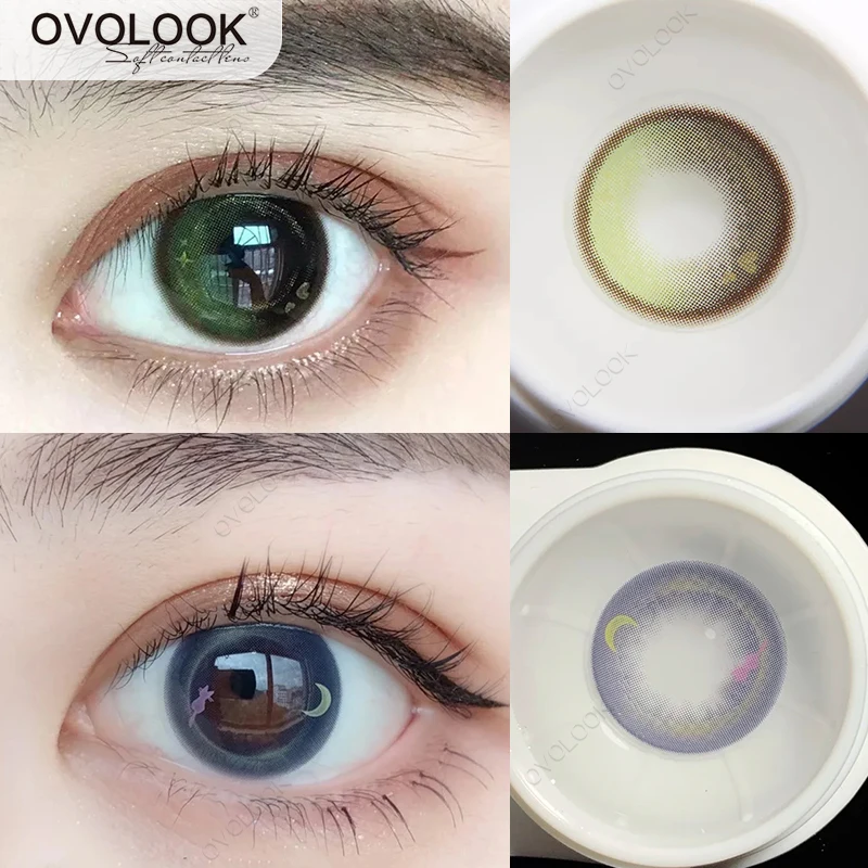 

OVOLOOK-2pcs/pair Beauty Lenses Colored Lenses for Eyes Comestic Color Contact Lenses Green Violet Prescription Lens Yearly Use