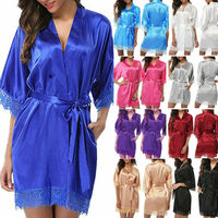 Women Night Gown Satin Robe Bathrobe Satin Nightgown Halt Sleeve Pajamas Lingerie Night Mini Dress Lace Sexy Sleepwear hot sale