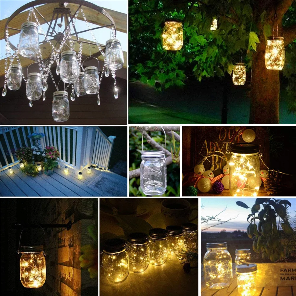 6Pcs/lot Hanging Solar Mason Jar Lid Lights 10 20 Leds Garden String Lights Outdoor Waterproof Solar Fairy Lights For Patio Lawn