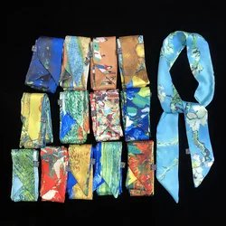 2019 Oil Painting Twill Silk Scarf Women Neckerchief Skinny Scarf Bag Ribbons Female Neck Tie Head Scarves Wraps For Ladies