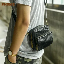 PNDME simple casual natural genuine leather men's small shoulder bag teens weekend daily real cowhide light phone messenger bags