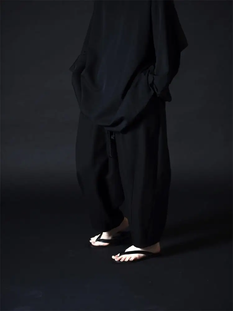 Spring And Autumn New Men's Casual Pants, Wide Leg Pants, Culottes, Super Loose Harlem Pants, Pure Color, Elastic Waist Tie