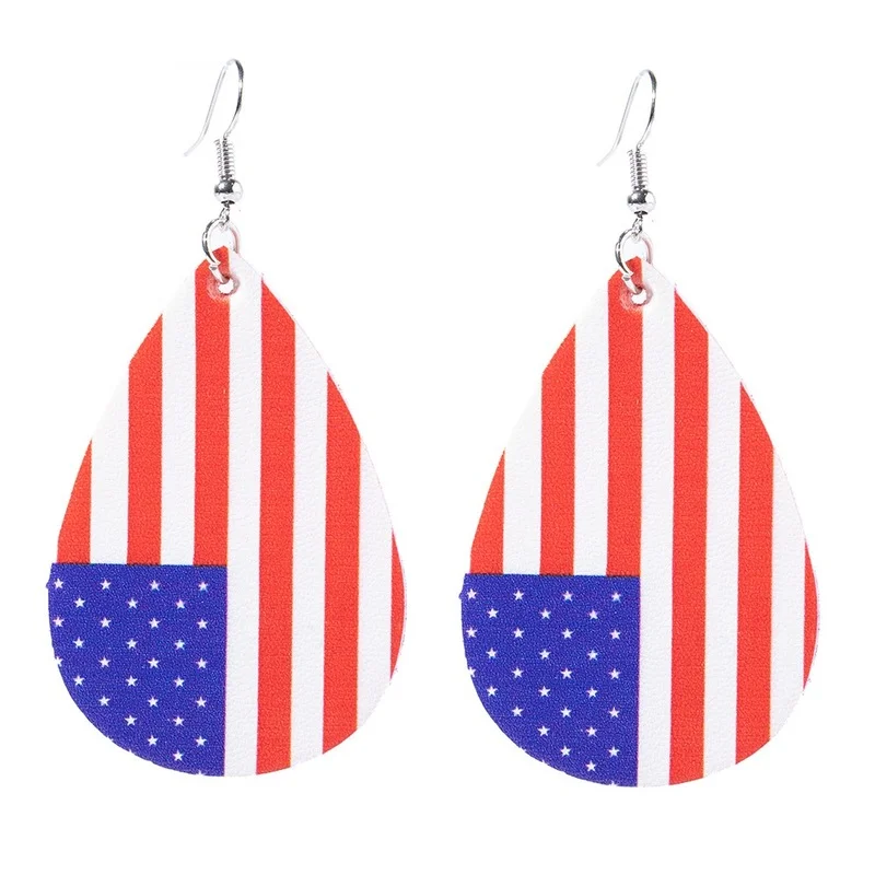 2021 Fashion Independence Day Leather Earrings Printed Flag Five-pointed Star Pu Water Drop Multilayer Jewelry