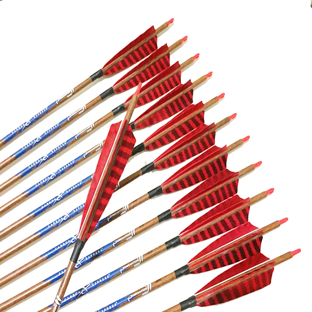 

12pcs Archery carbon arrows wood skin arrow shafts spine400-600 ID6.2mm 5" stripe Turkey fletching feathers traditional bow