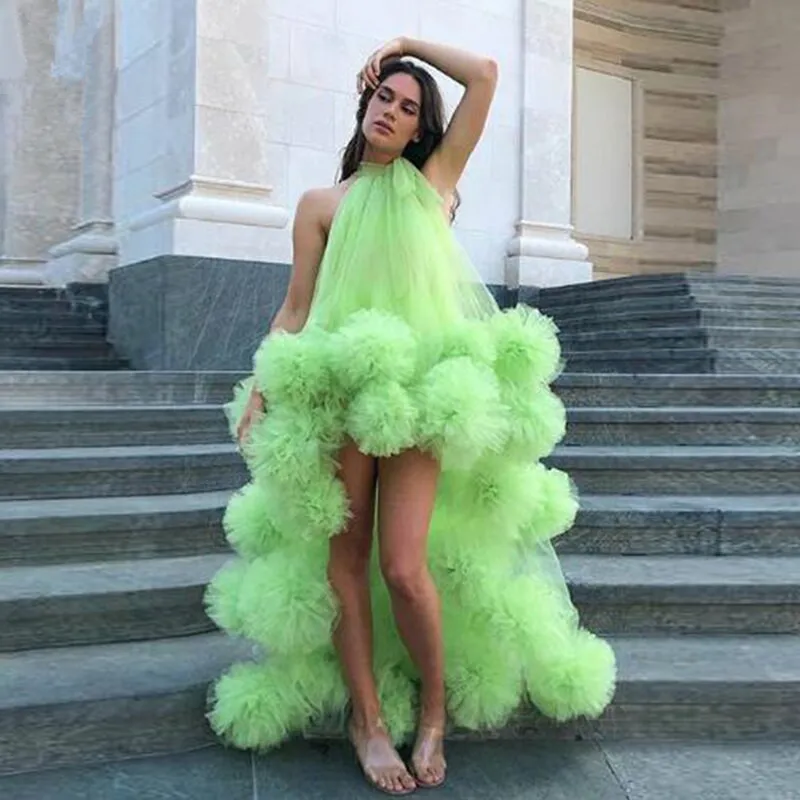 Mint Green Hi-Lo Night Robe Tulle Multilayered Ruffles Sleeveless Party Sleepwear Custom Made Graceful Nightgowns Robes