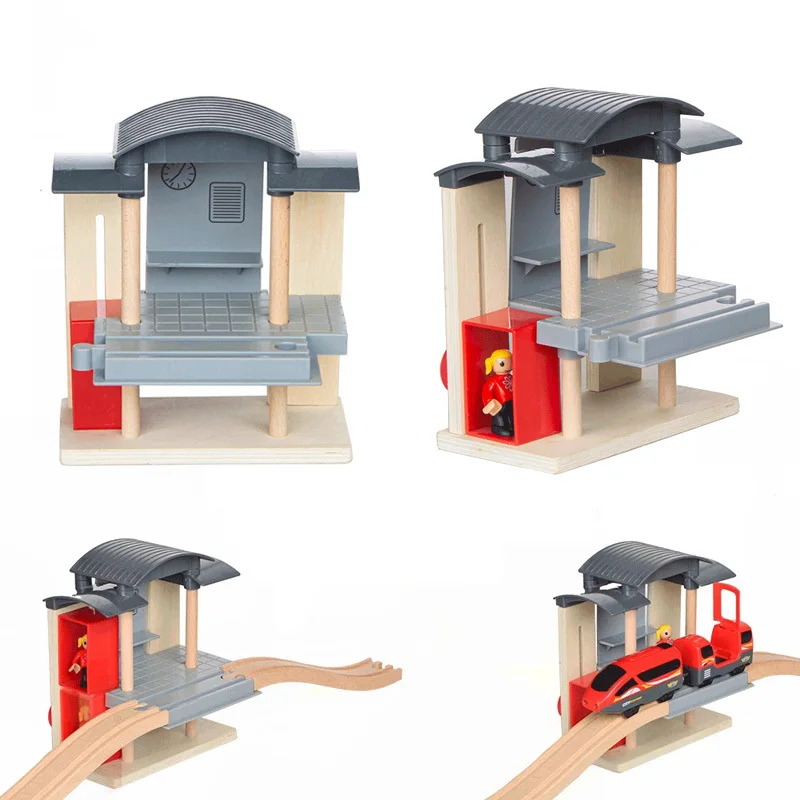 Wooden Railway Track Accessories Train Station Traffic Center Double Layer fit for All Brand Wooden Tracks Toys For Kids