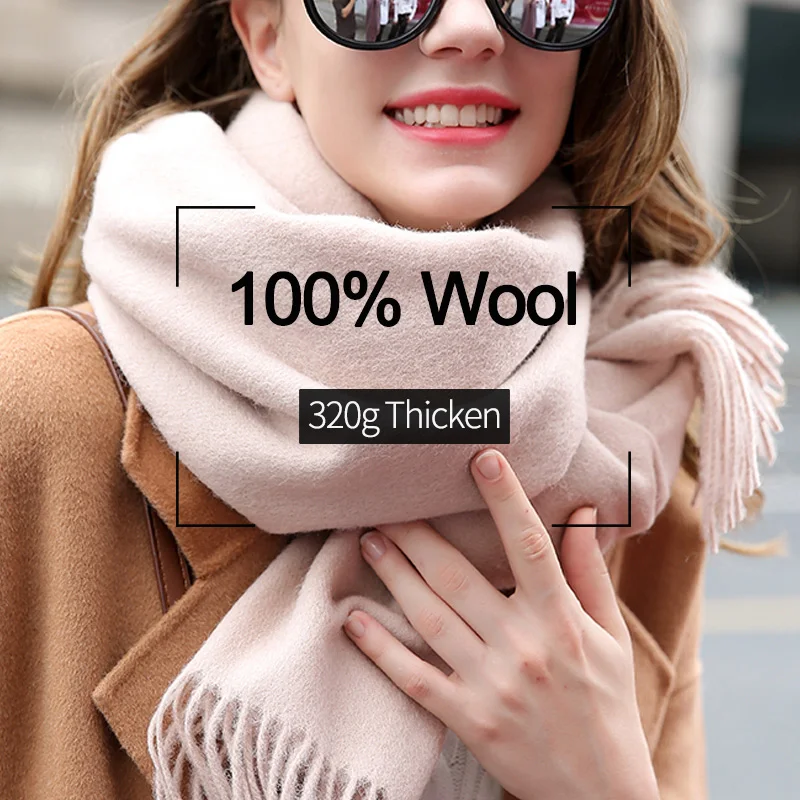 100% Wool Scarf For Women Thick Warm Long Beige Wool Scarf for Ladies Winter Pure Wool Shawls Wraps Foulard Femme Cashmere Scarf