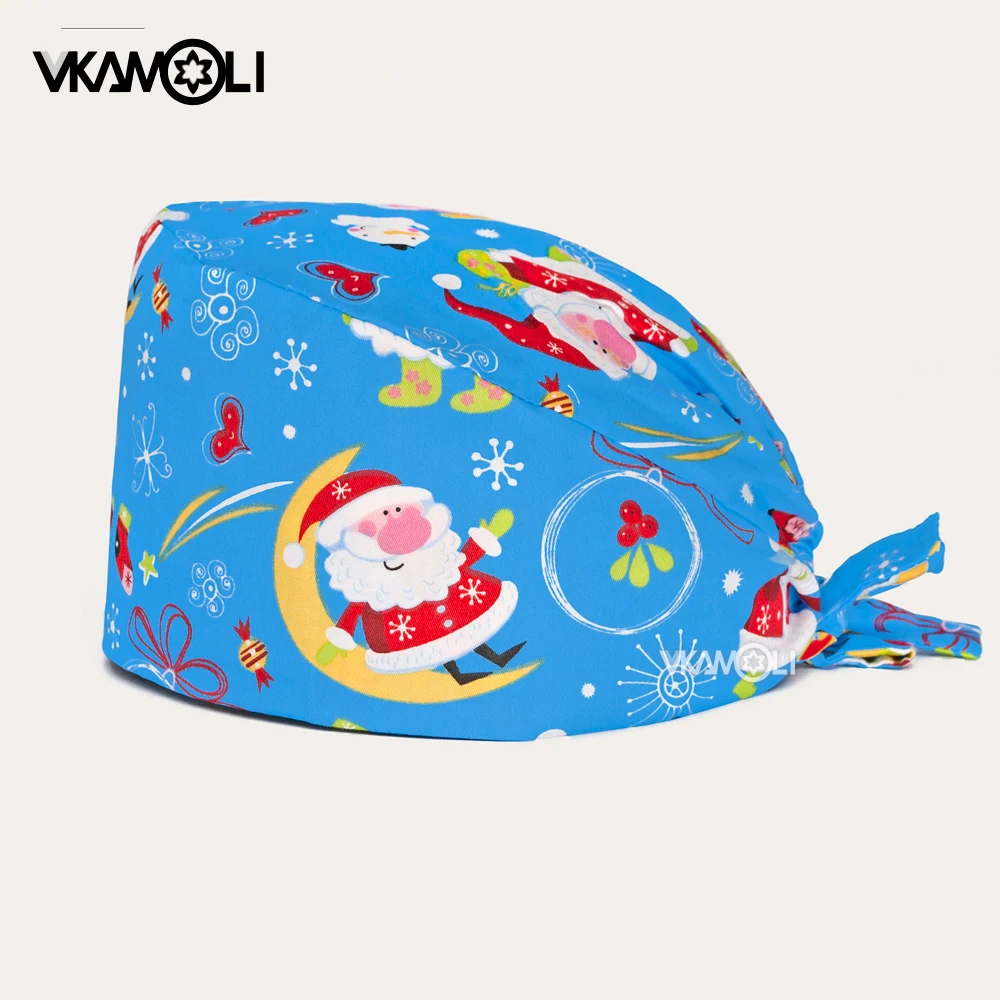 

Christmas Print Nurse Scrub Caps Christmas Beanie Hats For Women and men Adjustable Working Scrub Cap Multicolor Hat