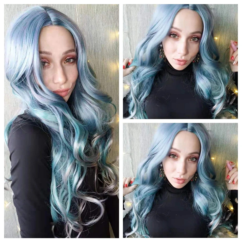 Wignee Long Wavy Synthetic Wigs Heat Resistant Middle Part Mix Blue Cosplay Hair For Women African American Natural Party Wigs