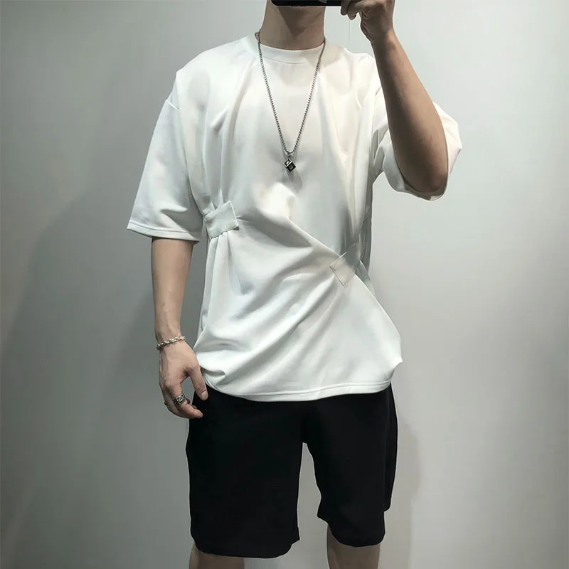 Men's new classic simple Korean version of the asymmetric folding waist overlay design loose round collar T-shirt in large size