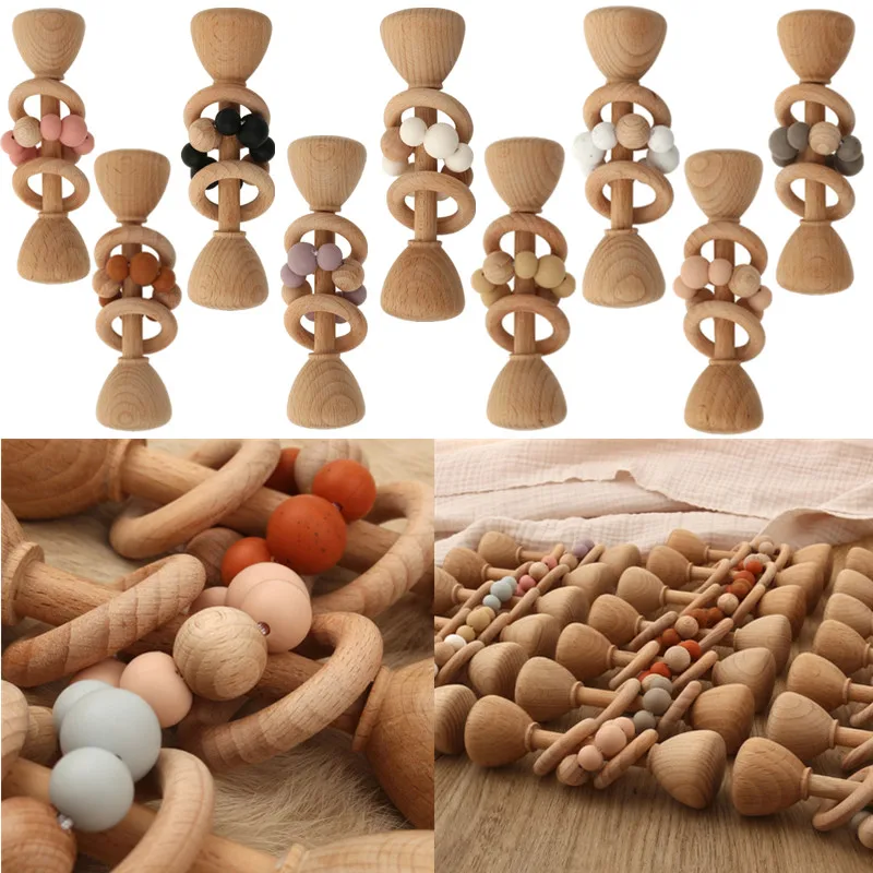 1pc Baby Teether Toys Beech Wood Baby Rattle BPA Free Rodent Silicone Beads Music Rattle Newborn Play Gym Educational Toys