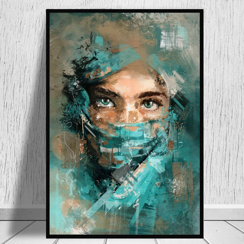 

Abstract Woman Portrait With Green Veil Canvas Wall Art Poster And Prints Painting Watercolour Picture For Living Room Decor