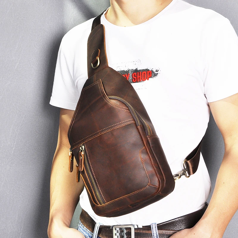 Men Crazy Horse Leather Casual Fashion Triangle Chest Sling Bag Design Daypack One Shoulder Crossbody Bag Male 6601-d