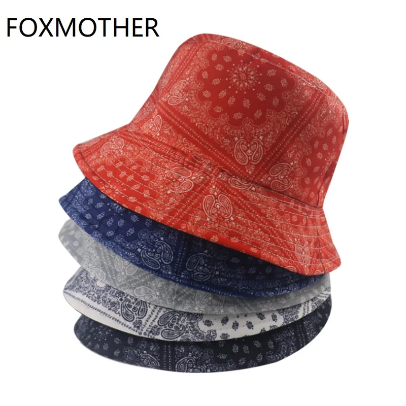 FOXMOTHER 2021 New Hip Hop Reversible Black Navy Grey White Paisley Pattern Bucket Hats Mens Panama Gorro Caps Dropshipping