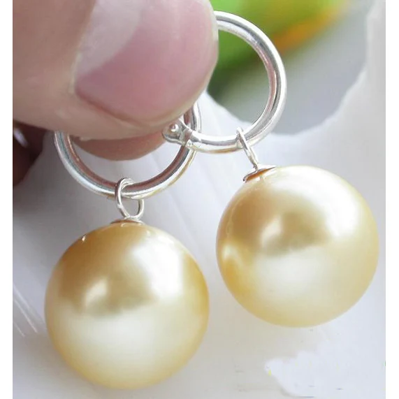 New Arrival Favorite Pearl Earring 16MM Yellow Round Shell Pearl Silver Dangle Earring Charming Lady Gift Wedding Jewelry