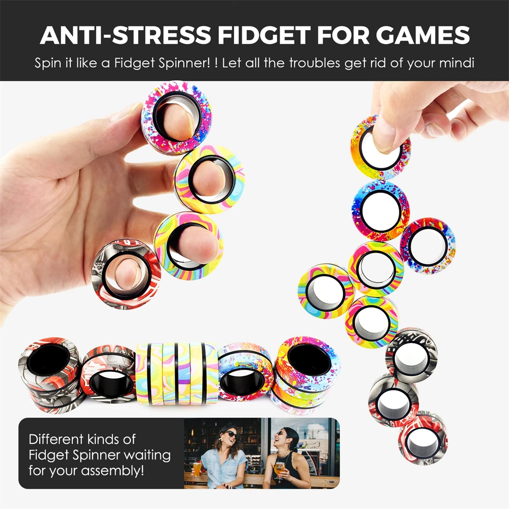 9Pcs Magnetic Ring Fidget Spinner Toys Set camo Fingers Magnet Rings ADHD Stress Relief Magical Toys for Kids Anxiety